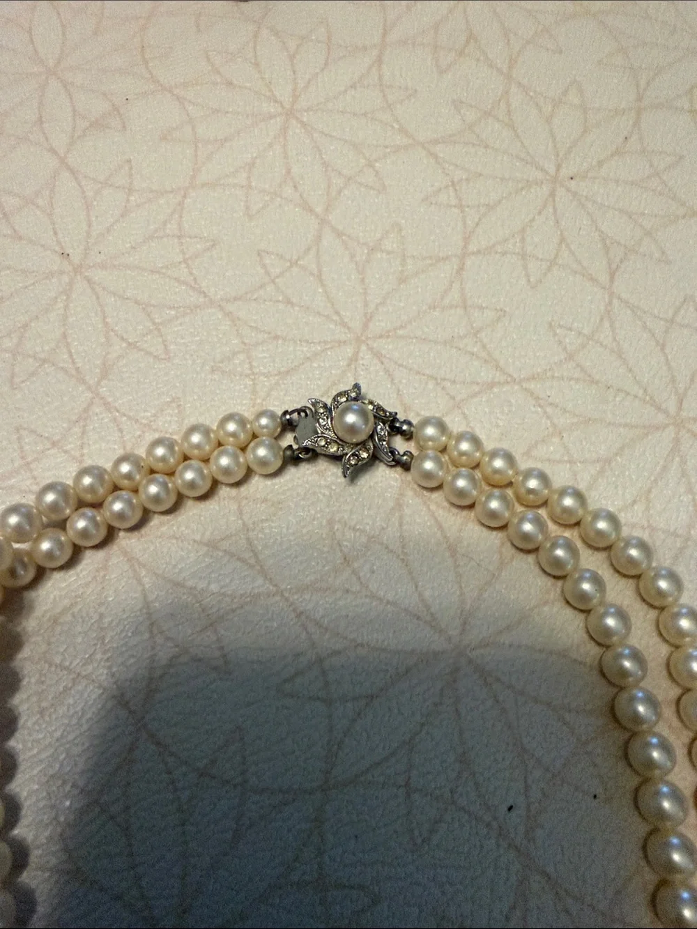 Vintage Double-Strand Ivory Pearl Necklace with Decorative Clasp